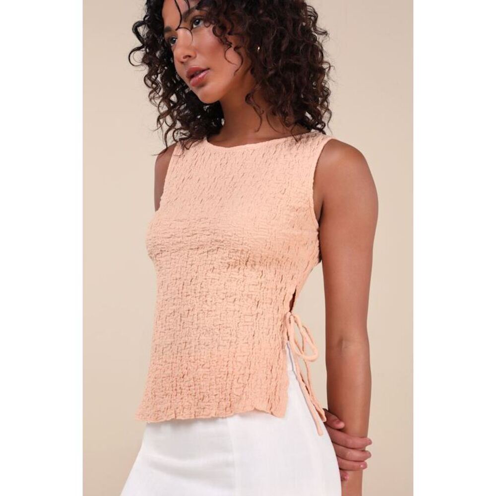 Lulus Bizzy Peach Textured Side-tie Tank Top Orange - Size M
